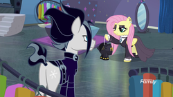Size: 1280x720 | Tagged: safe, screencap, fluttershy, snow hope, earth pony, pegasus, pony, fake it 'til you make it, g4, butt, duo, female, fluttergoth, goth, male, mare, plot, stallion