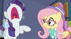 Size: 1663x929 | Tagged: safe, screencap, fluttershy, rarity, fake it 'til you make it, g4, hipstershy, nose in the air, rarity for you, volumetric mouth