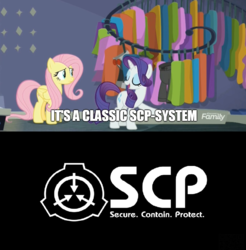 Size: 906x922 | Tagged: safe, edit, edited screencap, screencap, fluttershy, rarity, fake it 'til you make it, g4, boutique, clothes, discovery family logo, room, scp, scp foundation
