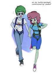 Size: 820x1106 | Tagged: safe, artist:twilite-sparkleplz, oc, oc only, oc:software patch, oc:windcatcher, equestria girls, g4, converse, couple, cutie mark on clothes, equestria girls-ified, female, glasses, holding hands, male, parachute, pulling, running, shoes, simple background, sneakers, windpatch