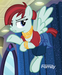 Size: 520x634 | Tagged: safe, screencap, valley glamour, pegasus, pony, fake it 'til you make it, g4, background pony, bracelet, clothes, cropped, female, flying, frown, gold, jewelry, lidded eyes, mare, midriff, mirror, necklace, shirt, shorts, solo