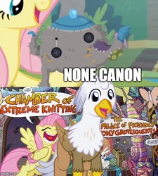 Size: 500x556 | Tagged: safe, edit, edited screencap, screencap, fluttershy, oc, oc:silver quill, classical hippogriff, hippogriff, pegasus, pony, fake it 'til you make it, g4, knitting, misspelling