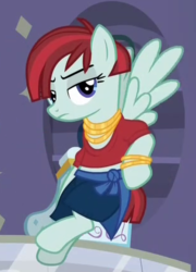 Size: 310x431 | Tagged: safe, screencap, valley glamour, pegasus, pony, fake it 'til you make it, g4, background pony, bracelet, clothes, cropped, female, flying, jewelry, mare, midriff, necklace, snooty fashion scenester, solo