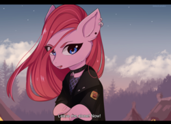 Size: 2866x2086 | Tagged: safe, artist:detectiveneko, pinkie pie, g4, clothes, collar, dialogue, ear piercing, earring, fake screencap, high res, jewelry, leave me alone, letterboxing, looking at you, piercing, pinkamena diane pie, subtitles, talking, talking to viewer