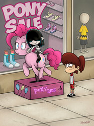 Size: 1024x1366 | Tagged: safe, artist:parasomnico, pinkie pie, human, g4, charlie brown, clothes, crossover, female, lucy loud, lynn loud, nickelodeon, peanuts, riding a pony, shoes, siblings, sisters, the loud house