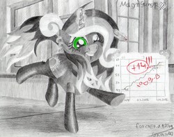 Size: 2732x2151 | Tagged: safe, artist:magnifsunspiration, oc, oc only, oc:melissent outshine, pony, unicorn, clothes, female, growth chart, high res, magic, mare, monochrome, one eye closed, partial color, pencil, socks, solo, traditional art, wink