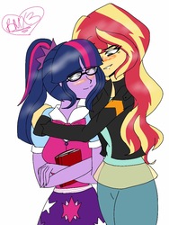 Size: 768x1024 | Tagged: safe, artist:brickercupmasterx3, sci-twi, sunset shimmer, twilight sparkle, equestria girls, g4, art trade, blushing, book, female, hug, lesbian, looking at each other, ship:sci-twishimmer, ship:sunsetsparkle, shipping, simple background, smiling