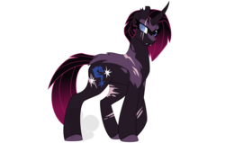 Size: 1260x800 | Tagged: safe, artist:faith-wolff, oc, oc only, pony, unicorn, blind eye, commission, eye scar, fangs, female, gradient mane, mare, parent:tempest shadow, parents:canon x oc, scar, simple background, solo, white background