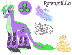 Size: 900x700 | Tagged: safe, artist:faith-wolff, oc, oc only, oc:ravazilla, kirin, original species, python, snake, antlers, cloven hooves, colored hooves, command and conquer, commission, cutie mark, leucism, magic, magic aura, male, pet, reference sheet, simple background, sleeping, tiberium, unshorn fetlocks, white background