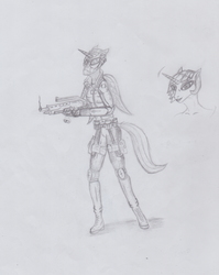 Size: 1401x1758 | Tagged: safe, artist:coppercat25, derpibooru exclusive, princess celestia, alicorn, anthro, g4, alternate hairstyle, fear, female, grayscale, gun, looking at you, monochrome, shotgun, solo, traditional art, weapon
