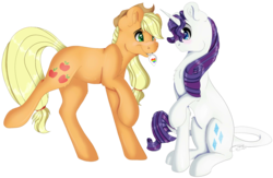 Size: 2398x1560 | Tagged: safe, artist:scarlettnovel, applejack, rarity, pony, g4, female, lesbian, ship:rarijack, shipping, simple background, sitting, transparent background