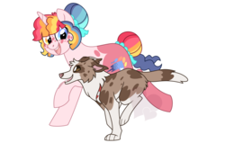 Size: 1260x800 | Tagged: safe, artist:faith-wolff, oc, oc only, dog, pony, unicorn, commission, hair bun, heterochromia, multicolored hair, pet, piebald coat, ponysona, running, simple background, white background