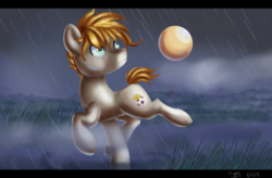 Size: 2512x1645 | Tagged: safe, artist:ilynalta, oc, oc only, oc:striker, earth pony, pony, ball, commission, detailed background, fog, football, rain, solo, sports