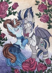 Size: 1142x1614 | Tagged: safe, artist:red-watercolor, oc, oc only, bat pony, pony, unicorn, bat pony oc, bipedal, bipedal leaning, clothes, dress, duo, ear fluff, evening gloves, eye scar, eyes closed, female, flower, gloves, kissing, leaning, long gloves, male, mare, oc x oc, rose, scar, shipping, stallion, straight, traditional art, vest, watercolor painting