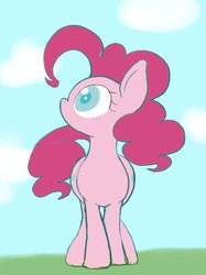 Size: 2048x2732 | Tagged: safe, artist:noupu, pinkie pie, earth pony, pony, g4, both cutie marks, cloud, colored pupils, cute, diapinkes, female, flat colors, high res, looking up, mare, sky, solo, standing, wide eyes, wide hips