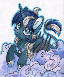 Size: 1013x1215 | Tagged: safe, artist:red-watercolor, oc, oc only, alicorn, bat pony, bat pony alicorn, pony, ahoge, bat pony oc, braid, chest fluff, cloud, cute, ear fluff, female, guardsmare, leg fluff, leonine tail, looking at you, mare, night guard, simple background, smiling, solo, traditional art, watercolor painting, white background