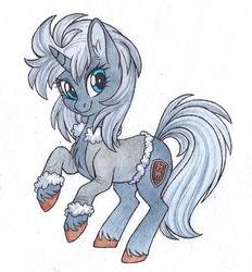 Size: 1003x1081 | Tagged: safe, artist:red-watercolor, oc, oc only, oc:ardent shield, pony, unicorn, chest fluff, clothes, coat, ear fluff, female, looking at you, mare, rearing, simple background, smiling, solo, traditional art, unshorn fetlocks, watercolor painting, white background
