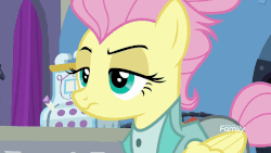 Size: 883x497 | Tagged: safe, screencap, fluttershy, pegasus, pony, fake it 'til you make it, g4, season 8, animated, clothes, derp, faic, falling, female, floppy ears, freakout, frown, gif, glare, lip bite, mare, messy mane, severeshy, solo, sweat, wide eyes