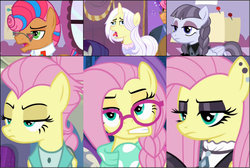 Size: 1200x804 | Tagged: safe, screencap, fluttershy, inky rose, lily lace, rarity, starstreak, fake it 'til you make it, g4, honest apple, clothes, comparison, cropped, fluttergoth, hipstershy, severeshy
