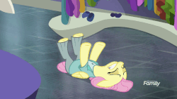 Size: 883x497 | Tagged: safe, screencap, fluttershy, pegasus, pony, fake it 'til you make it, g4, season 8, animated, breathing, clothes, eyes closed, female, floppy ears, freakout, gif, gritted teeth, legs in air, mare, nervous, on back, open mouth, panting, severeshy, solo