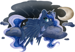 Size: 1510x1053 | Tagged: safe, artist:woonborg, princess luna, alicorn, pony, g4, cloud, crescent moon, female, horn, looking at you, lying on a cloud, mare, moon, night, on a cloud, simple background, sky, solo, stars, transparent background, wings