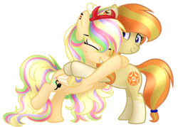 Size: 1680x1200 | Tagged: safe, artist:xxmelody-scribblexx, oc, oc only, oc:melody scribble, earth pony, pegasus, pony, coat markings, colored wings, colored wingtips, duo, duo female, ear piercing, eyes closed, female, freckles, happy, headband, hug, long mane, mare, messy mane, piercing, raised leg, simple background, socks (coat markings), tail band, transparent background, two toned wings
