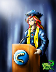 Size: 1024x1321 | Tagged: safe, artist:pete-da-graptor, sunset shimmer, human, equestria girls, g4, canterlot high, clothes, female, geode of empathy, graduation, graduation cap, hat, humanized, podium, solo