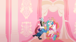 Size: 1024x576 | Tagged: safe, artist:laps-sp, discord, princess celestia, pony, g4, clothes, discord tales, dress, female, male, pinkie tales, ruff (clothing), throne