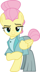 Size: 5003x9010 | Tagged: safe, artist:jhayarr23, fluttershy, pegasus, pony, fake it 'til you make it, g4, absurd resolution, alternate hairstyle, clothes, female, hair bun, jacket, looking at you, mare, pants, raised eyebrow, raised hoof, severeshy, shirt, simple background, smiling, solo, tail bun, transparent background, vector
