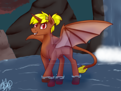 Size: 1024x768 | Tagged: safe, artist:spokenmind93, oc, oc only, oc:sheila, pony, succubus, commission, rule 63, signature, solo, water, waterfall, watermark