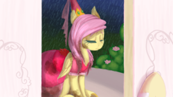 Size: 1024x576 | Tagged: safe, artist:laps-sp, fluttershy, pony, g4, clothes, cute, dress, eyes closed, female, pinkie tales, rain, sad, sadorable, sitting, solo