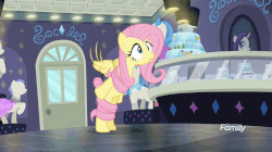 Size: 800x449 | Tagged: safe, edit, edited screencap, screencap, fluttershy, pegasus, pony, fake it 'til you make it, g4, animated, bipedal, cute, dancing, discovery family logo, everything is fixed, female, gif, mare, reversed, shyabetes, smiling, solo, spin, spread wings, wide eyes, wings, wrapped up