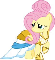 Size: 6746x7371 | Tagged: safe, artist:shootingstarsentry, fluttershy, pegasus, pony, fake it 'til you make it, g4, absurd resolution, alternate hairstyle, clothes, cute, daaaaaaaaaaaw, dress, female, hair up, mare, raised hoof, shyabetes, simple background, smiling, solo, transparent background, vector, warrior of inner strength, warriorshy