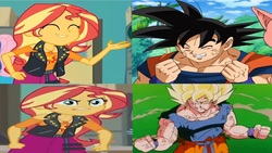 Size: 1920x1080 | Tagged: safe, artist:ponysloud99, sunset shimmer, equestria girls, equestria girls specials, g4, my little pony equestria girls: better together, my little pony equestria girls: forgotten friendship, angry, comparison, crossover, dragon ball, dragon ball z, happy, male, son goku, super saiyan, wrong aspect ratio