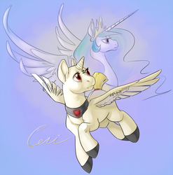 Size: 987x1000 | Tagged: safe, artist:php27, princess celestia, oc, oc:ceri, alicorn, pony, g4, duo, flying, horn, peytral, simple background, spread wings, wings