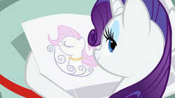 Size: 1280x720 | Tagged: safe, screencap, rarity, pony, unicorn, g4, ponyville confidential, drawing, female, holding, lidded eyes, mare, smiling, solo