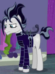 Size: 490x660 | Tagged: safe, screencap, snow hope, earth pony, pony, fake it 'til you make it, g4, clothes, cropped, edward scissorhands, goth, goth pony, gothic, jacket, leather jacket, male, solo, stallion
