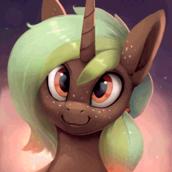Size: 450x450 | Tagged: safe, artist:rodrigues404, oc, oc only, pony, unicorn, abstract background, animated, bust, cinemagraph, commission, freckles, looking at you, male, smiling, solo, stallion