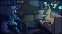 Size: 4434x2460 | Tagged: safe, artist:roy, oc, oc:abakan, oc:roxy impelheart, earth pony, pony, unicorn, couch, cutie mark, ear piercing, male, mane, musical instrument, night, painting, paintings, piano, piercing, shadow, singing, sitting, tail, trans female, transgender