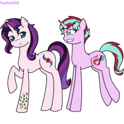 Size: 1280x1280 | Tagged: safe, artist:hayley566, oc, oc only, oc:daylight gleam, oc:evening glitter, pony, unicorn, icey-verse, duo, ear piercing, earring, female, jewelry, magical lesbian spawn, mare, offspring, parent:starlight glimmer, parent:sunset shimmer, parents:shimmerglimmer, piercing, signature, simple background, sister, smiling, tattoo, transparent background