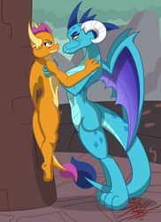 Size: 1091x1500 | Tagged: safe, artist:killkatt, princess ember, smolder, dragon, anthro, g4, school daze, breasts, duo, female, holding, lesbian, size difference