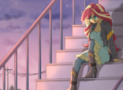 Size: 1559x1143 | Tagged: safe, artist:whiskyice, sunset shimmer, equestria girls, boots, clothes, dress, female, high heel boots, jacket, jeans, leather jacket, pants, shirt, shoes, solo, stairs