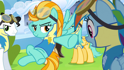 Size: 1600x900 | Tagged: safe, screencap, lightning dust, mercury, rainbow dash, starry eyes (g4), sunshower raindrops, pegasus, pony, g4, wonderbolts academy, clothes, female, flying, male, mare, stallion, uniform, wonderbolt trainee uniform