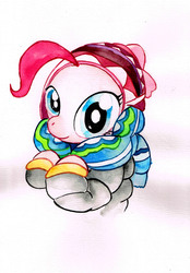 Size: 2389x3437 | Tagged: safe, artist:mashiromiku, pinkie pie, g4, bundled up for winter, clothes, coat, high res, scarf, traditional art, watercolor painting, winter outfit