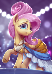 Size: 765x1080 | Tagged: safe, artist:assasinmonkey, fluttershy, pegasus, pony, fake it 'til you make it, g4, alternate hairstyle, clothes, cute, digital painting, dress, female, looking at you, mare, raised hoof, shyabetes, solo, stage, warrior of inner strength, warriorshy