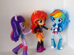 Size: 1120x840 | Tagged: safe, artist:whatthehell!?, rainbow dash, sunset shimmer, twilight sparkle, equestria girls, g4, alcohol, beer, boots, clothes, doll, equestria girls minis, irl, jacket, jar, leg warmers, photo, ponied up, shoes, shorts, skirt, smiling, toy