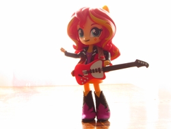 Size: 1200x900 | Tagged: safe, artist:whatthehell!?, sunset shimmer, equestria girls, g4, boots, clothes, doll, equestria girls minis, guitar, irl, jacket, photo, shoes, skirt, smiling, toy