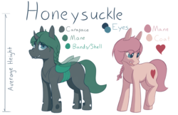 Size: 1850x1200 | Tagged: safe, artist:heftyhorsehostler, oc, oc only, oc:honeysuckle, changeling, a changeling's guide to large horse care, braid, changeling oc, colored pupils, disguise, disguised changeling, reference sheet, short