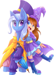 Size: 900x1234 | Tagged: safe, artist:scarlet-spectrum, trixie, human, pony, unicorn, a hat in time, boots, cape, clothes, clothes swap, cute, diatrixes, duo, equestria girls outfit, female, hat, hat kid, mare, shoes, simple background, skirt, transparent background, trixie's cape, trixie's hat, umbrella, video game, watermark