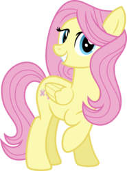 Size: 3337x4500 | Tagged: safe, artist:slb94, fluttershy, lily lace, pegasus, pony, g4, alternate hairstyle, fabulous, female, grin, looking at you, mane swap, mare, raised hoof, simple background, smiling, solo, transparent background, vector, voice actor joke, yellow skin